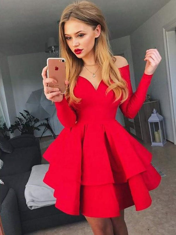 Vestidos cortos/mini de crepé elástico con hombros descubiertos, volantes y mangas largas